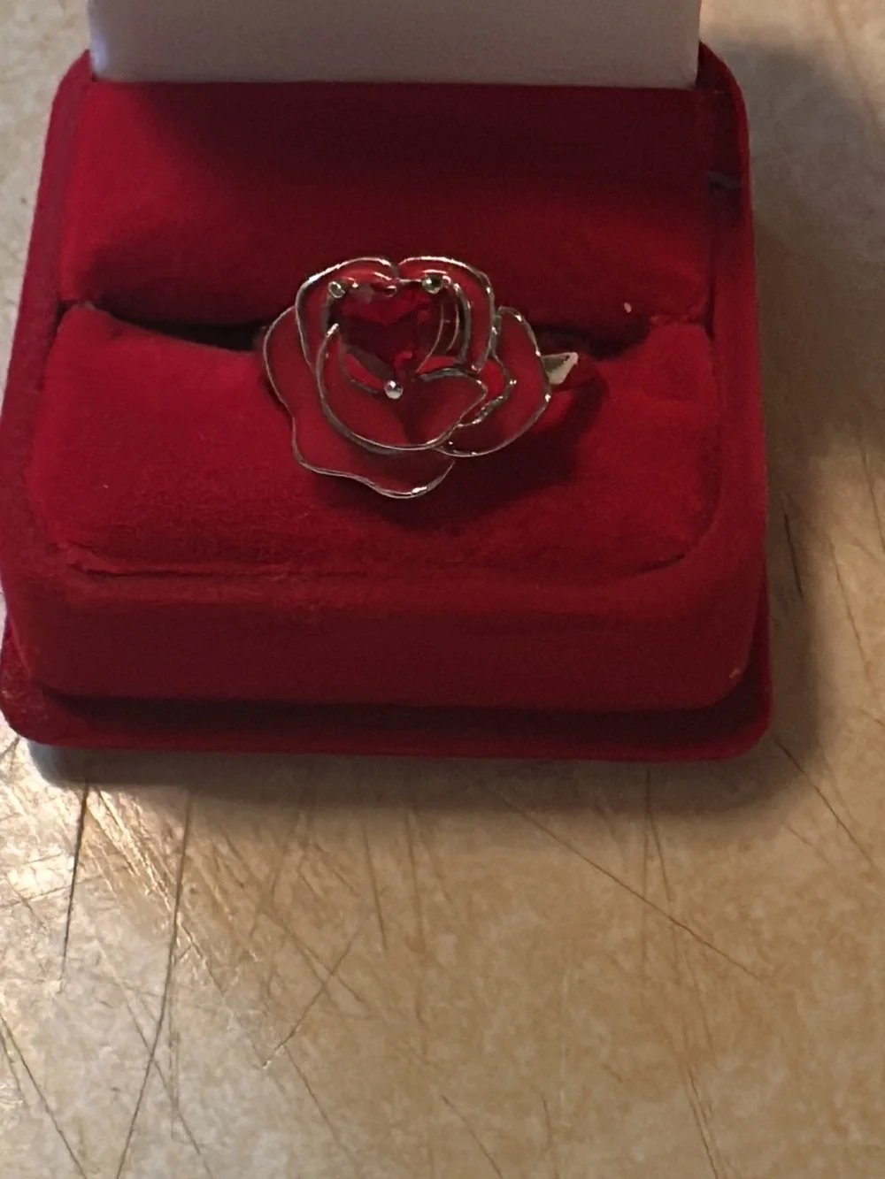 Silver tone Rose Ring with Red Heart Gem - Women's Jewelry